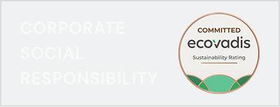 Ecovadis sustainability rating displays next to "CORPORATE SOCIAL RESPONSIBILITY" text on gray background.