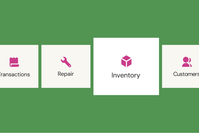 Four icons display options: Transactions, Repair, Inventory, Customers. A green background surrounds them.
