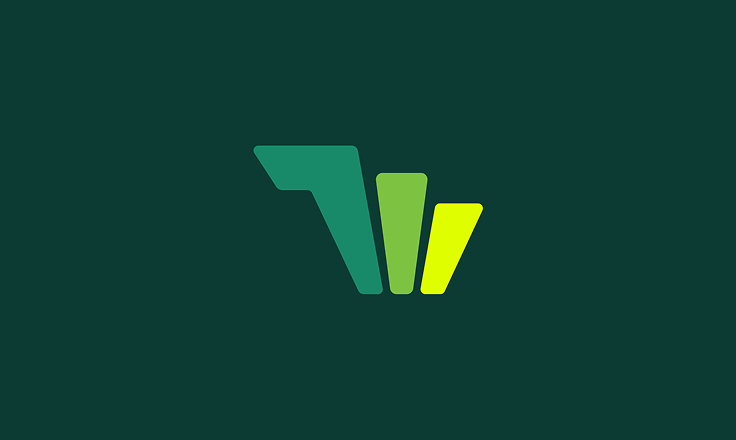 Abstract logo; rising, gradient bars; dark background.