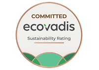 About 24 A circular Ecovadis Sustainability Rating badge displays "COMMITTED," the Ecovadis logo, and "Sustainability Rating" within a rose-gold border.