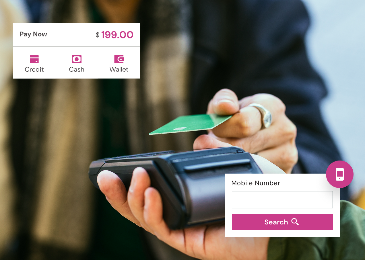 Qpay Payment form requests mobile number; yellow "Search" button is present.