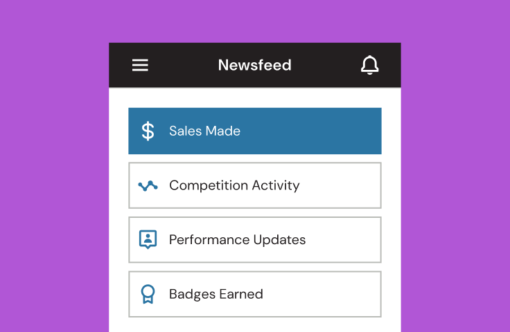 Newsfeed displays sales, competition, performance, and badges earned.