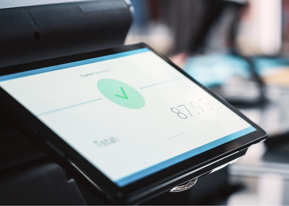 POS screen displays "Payment successful," green checkmark, and "87.95" total.
