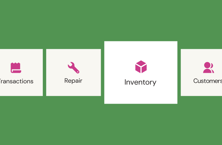 Four buttons display icons and text: Transactions, Repair, Inventory, Customers; on green background.