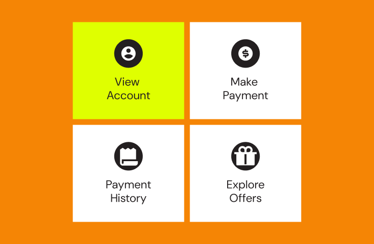Buttons display account options: view account, make payment, view payment history, explore offers. They are arranged on an orange background.